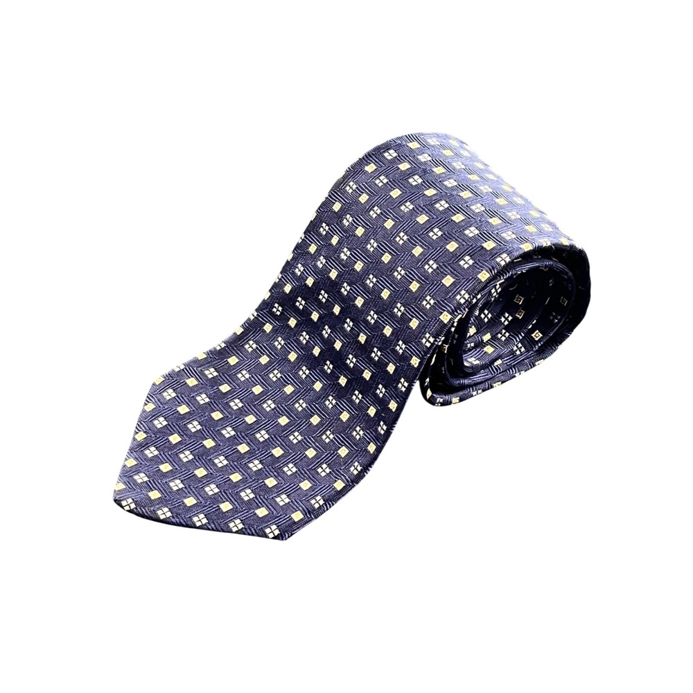 Ermenegildo Zegna Mens Silk Tie Navy Blue Yellow Geometric Square Pattern Italy